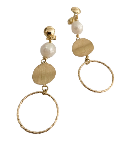 Aretes Aro Entorchado con Perla, Oro 14k