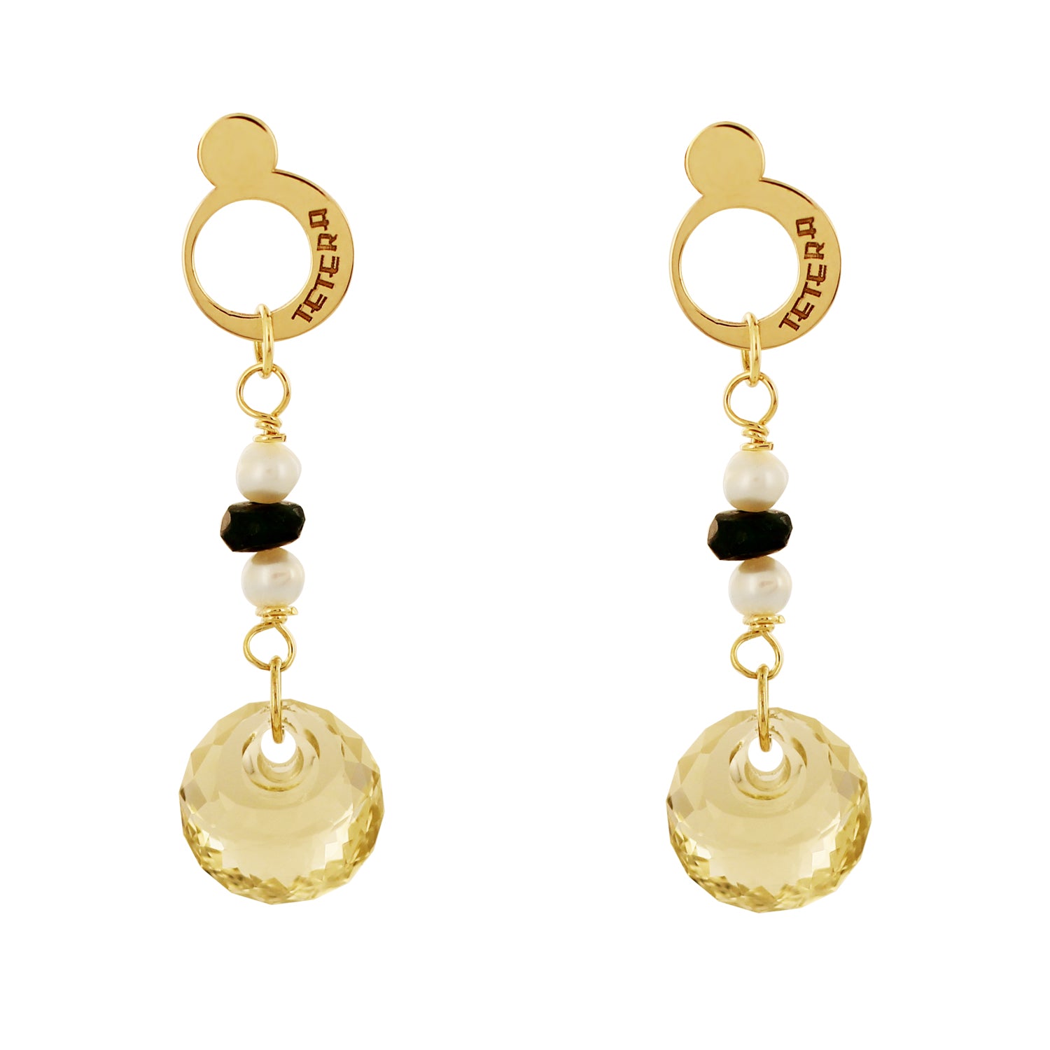 Aretes Eloise Citrino, Perlas y Esmeralda, Oro 14K