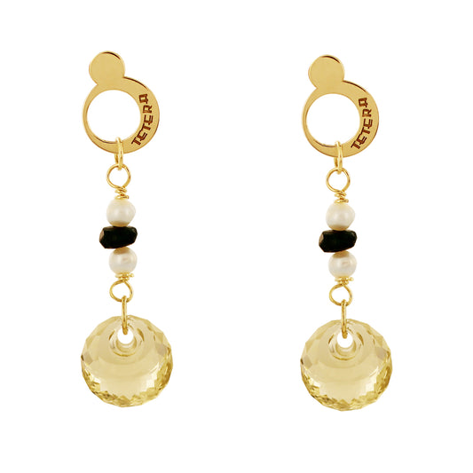 Aretes Citrino, Perlas y Esmeralda, Oro Amarillo 14 kt